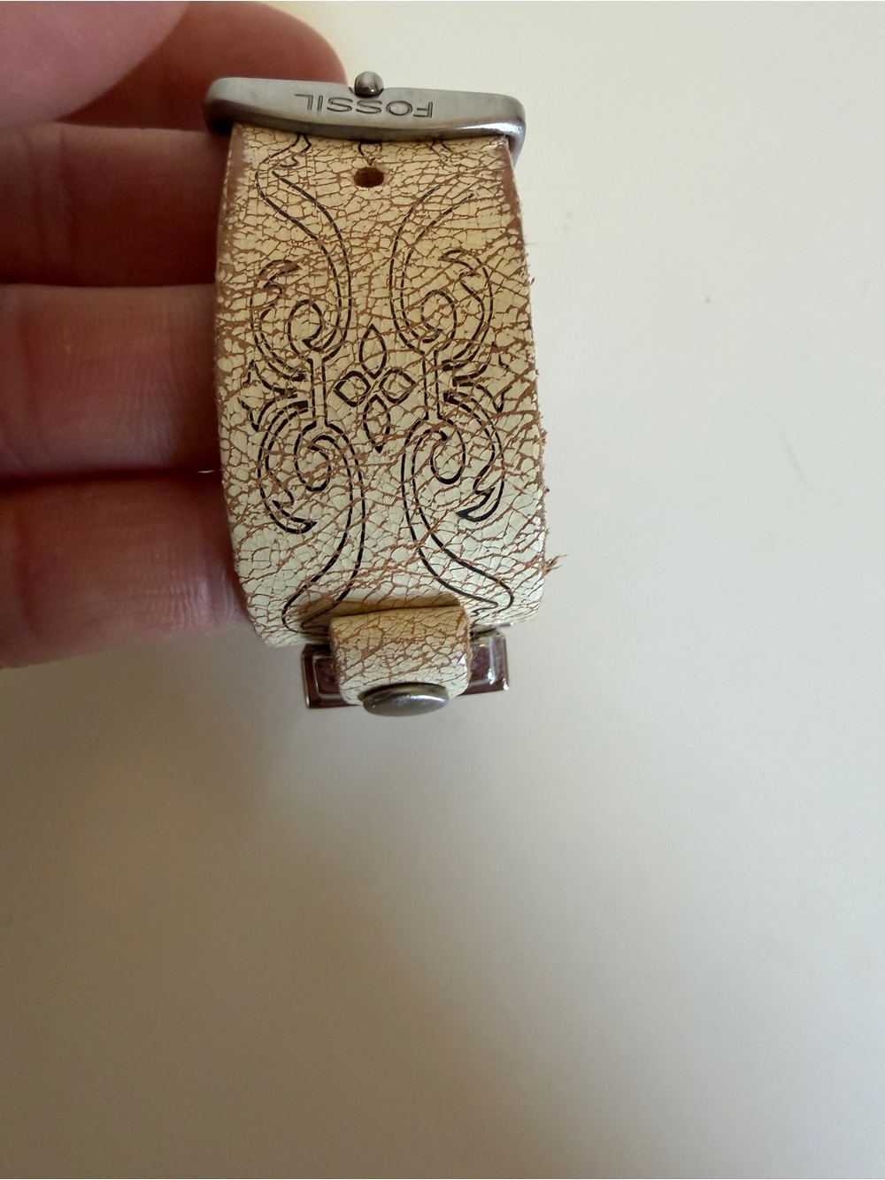 Vintage Fossil Rectangular Dial Leather Cuff Watch - Cream & Brown - Picture 4 of 6